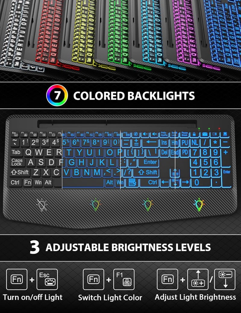 SABLUTE Wireless Keyboard and Mouse Backlits, Wrist Rest, LED Mouse, Rechargeable Ergonomic Keyboard with Phone Holder, Silent Light Up Combo for Computer, Mac, PC, Laptop, Chromebook (Black Large Print) - Image 4